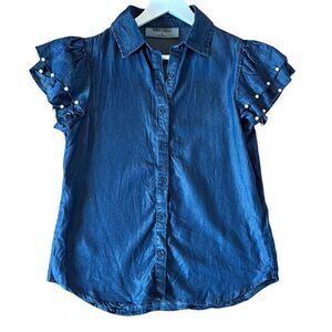 Inner Circle chambray denim ruffle pearl sleeve blouse s